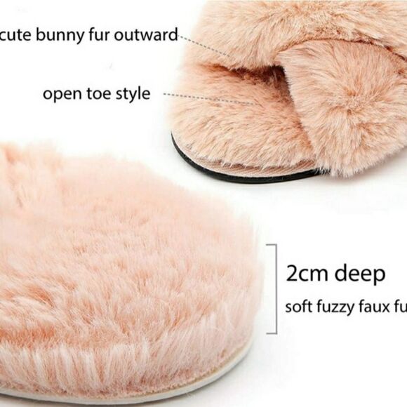 Pink Cross Band Fuzzy Faux Fur Slippers Size S - Picture 6 of 7